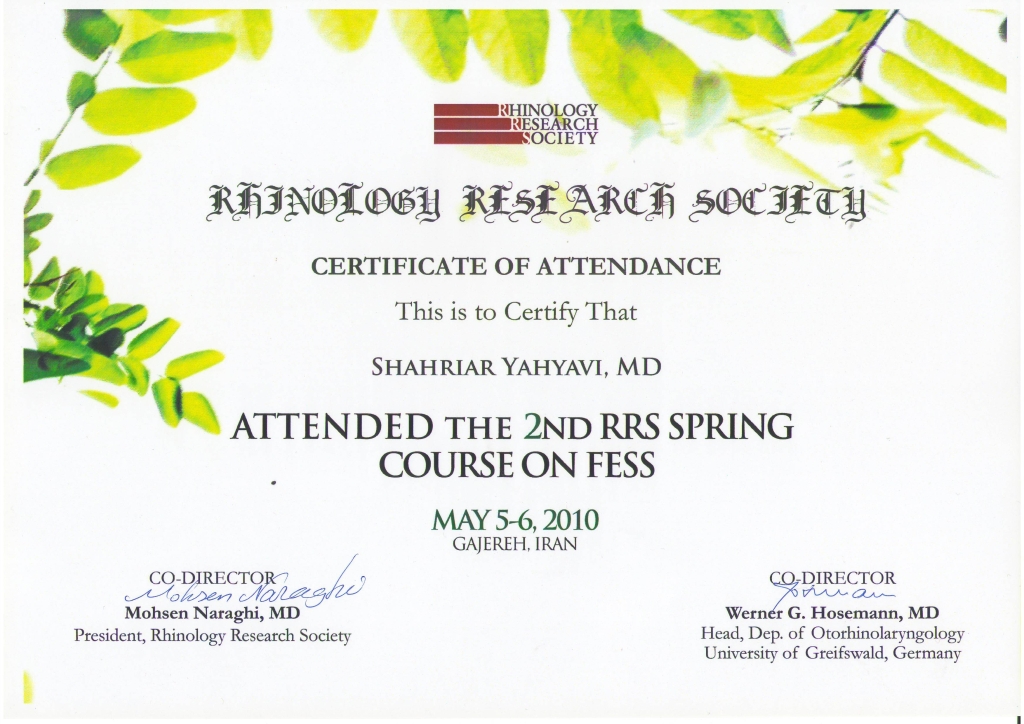 Doctor Yahyavi Certificate